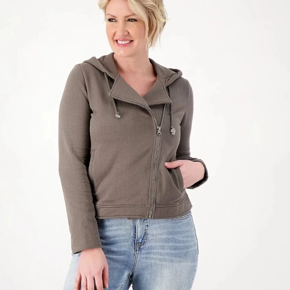 Barefoot Dreams Malibu Collection Knit Moto Jacket Hood Gray Size XS Soft